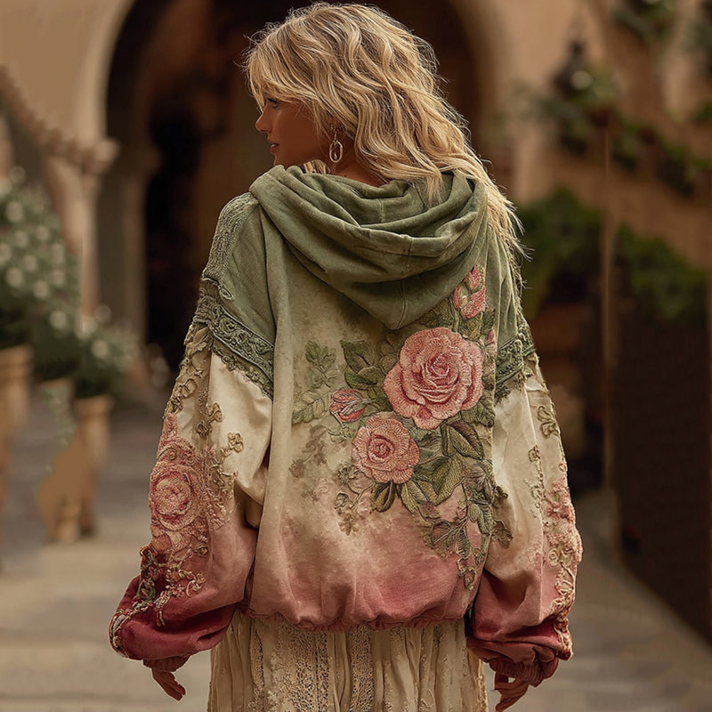 Comstylish Vintage Rose And Floral Art Gradient Linen Long Sleeve Hoodie