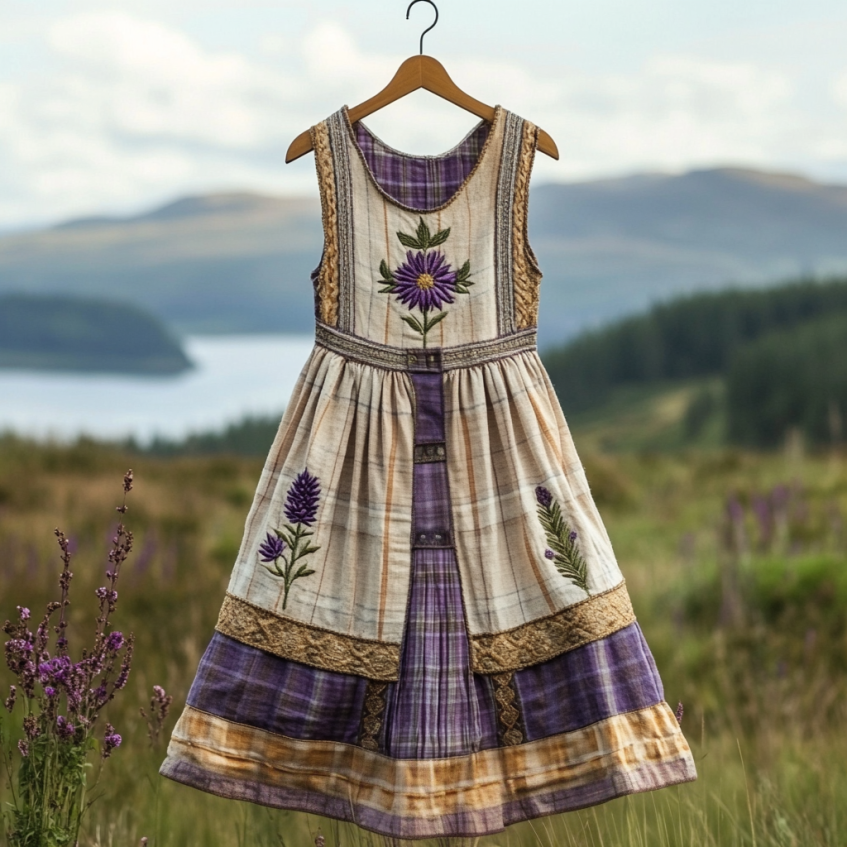Vintage Boho Scottish Thistle With Plaid Patchwork Embroidered Cozy Linen Midi Dress artswardrobe