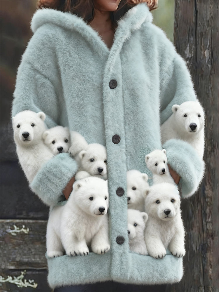 Comstylish Lovely Polar Bears Cozy Fuzzy Hooded Cardigan