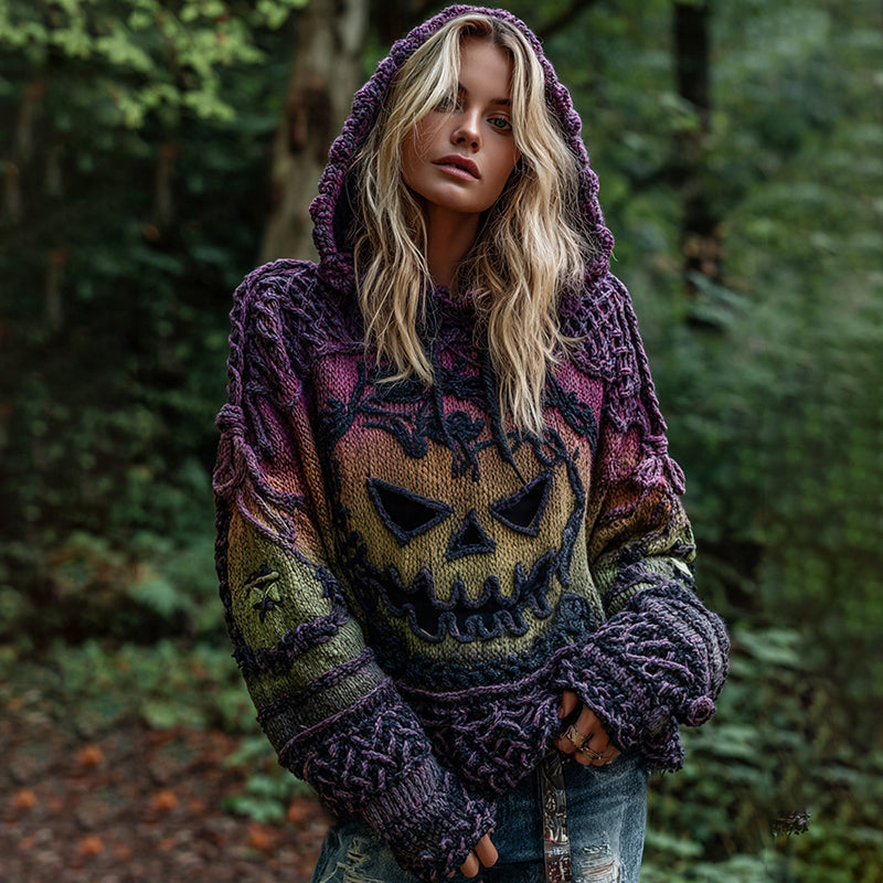 Halloween Pumpkin Face Chunky Crochet Hooded Sweater artswardrobe