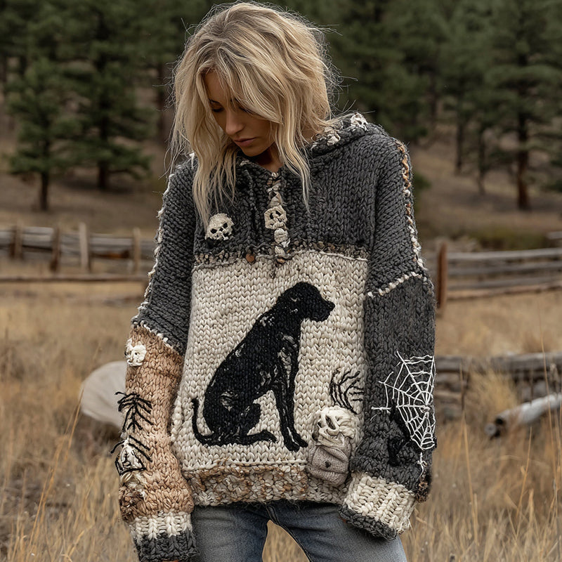 Vintage Dog Horror Spider Web Cozy Knit Hooded Sweater elevenforest