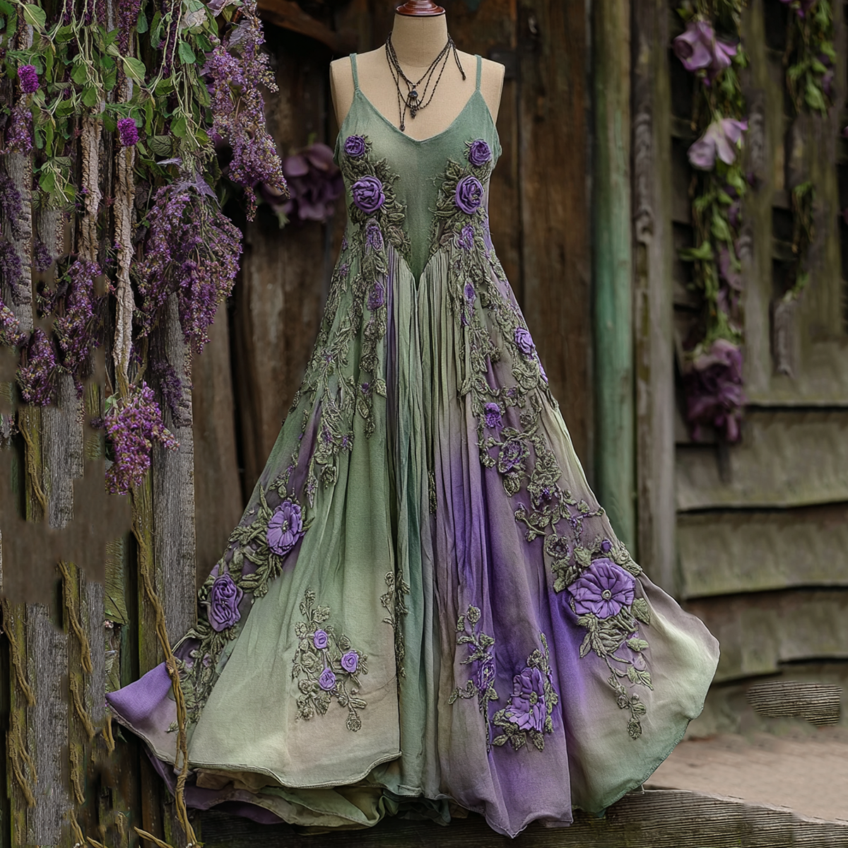 Vintage Classy Gradient Purple Lavender And Floral Embroidered Linen Suspender Long Dress artswardrobe