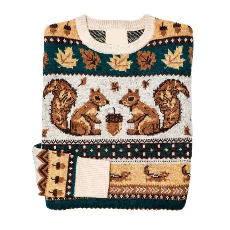 Retro Fall Autumn Squirrel Printed Women's Sweater artswardrobe