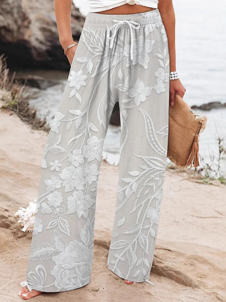 Women's Casual Retro Embroidered Floral Print Pants artswardrobe