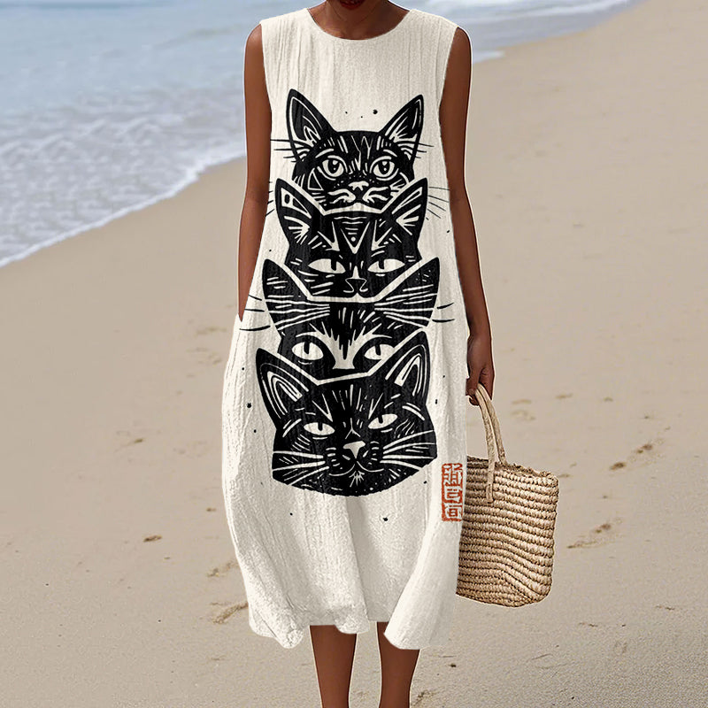 Japanese Stacked Cats Lino Art Linen Midi Dress elevenforest