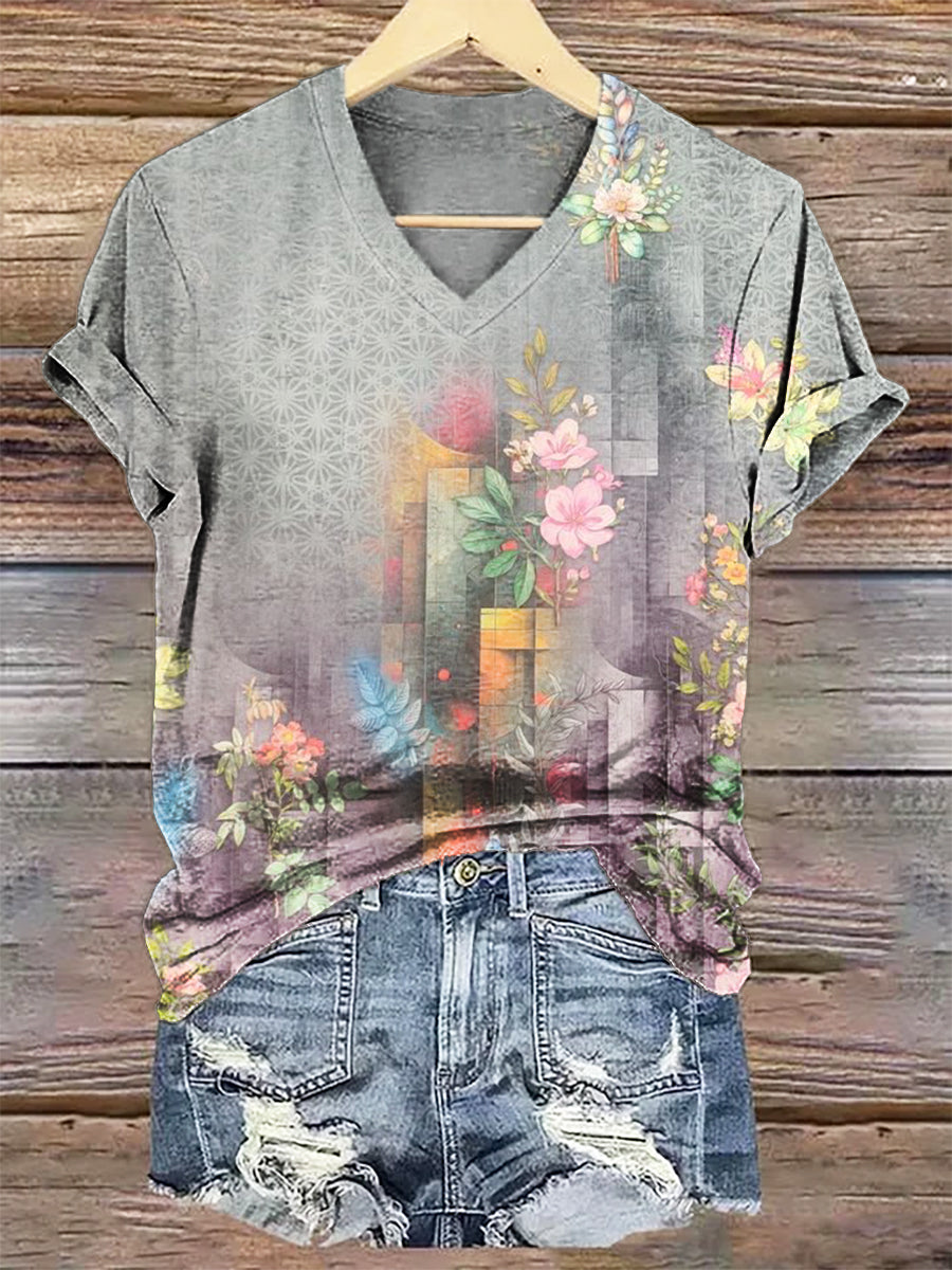 Women's Floral Art Print V-Neck Casual T-Shirt