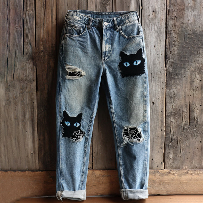 Comstylish Women's Halloween Black Cats And Spiderwebs Vintage Embroidery Washed Jeans