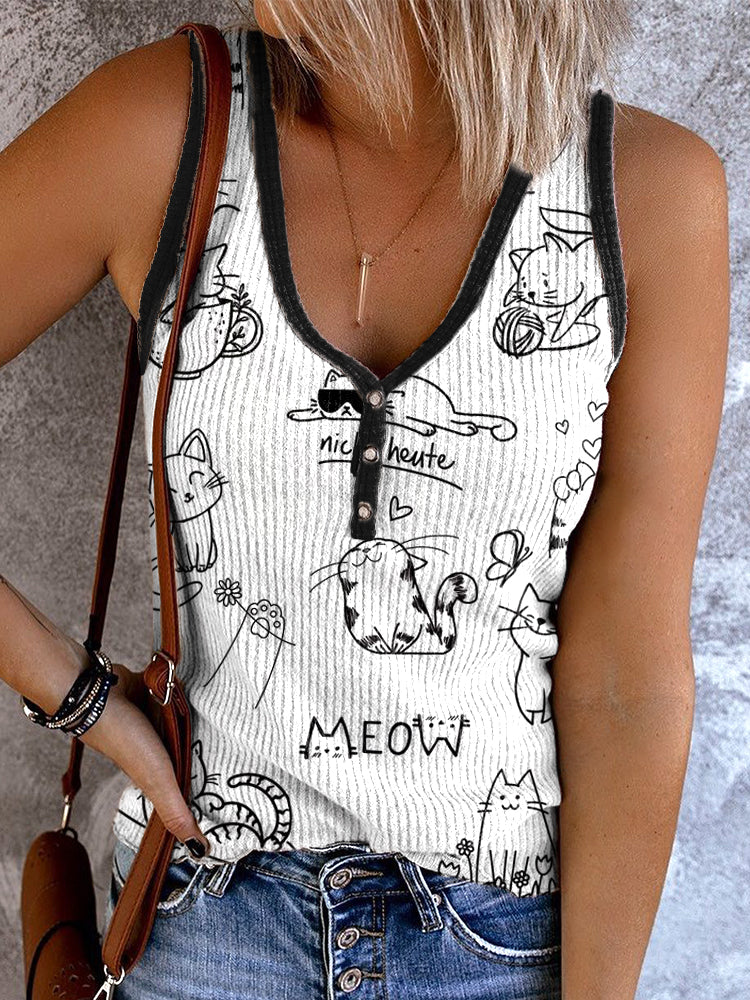 Funny Furry Cat Art Print Casual Button Top elevenforest