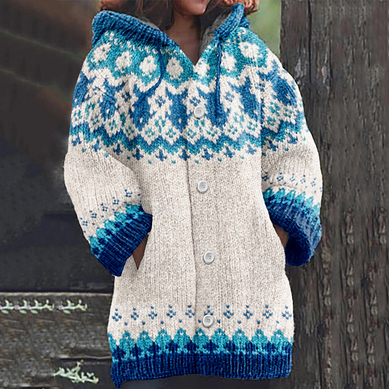 Vintage Contrast Jacquard Ocean Element Fish Art Button Down Cozy Sweater elevenforest