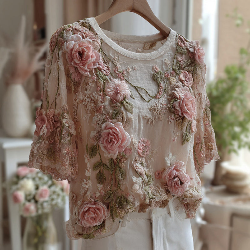 Women's Embroidered Floral Vine Short-sleeve Linen Blend T-shirt elevenforest