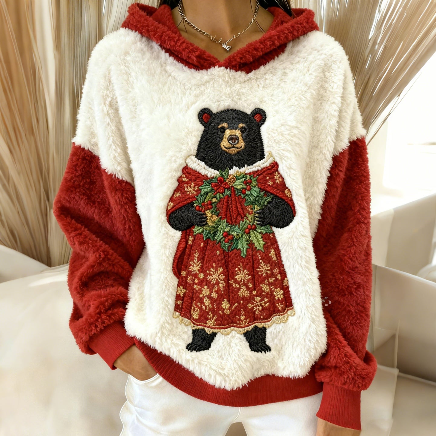 Comstylish Women's Christmas Cute Bear Embroidered Print Plush Hoodie