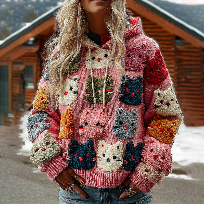 Colorful Cats Pattern Art Cozy Knit Hooded Sweater elevenforest