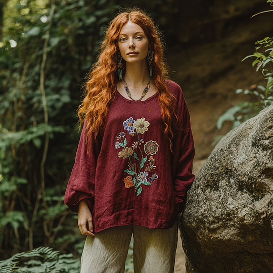 Retro Bohemian Floral Art Embroidery Print Cotton And Linen Blend Loose Blouse artswardrobe