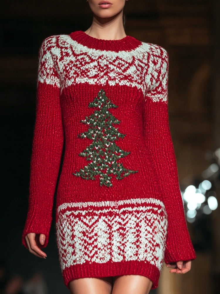 Vintage Christmas Tree Knit Cozy Sweater Dress artswardrobe