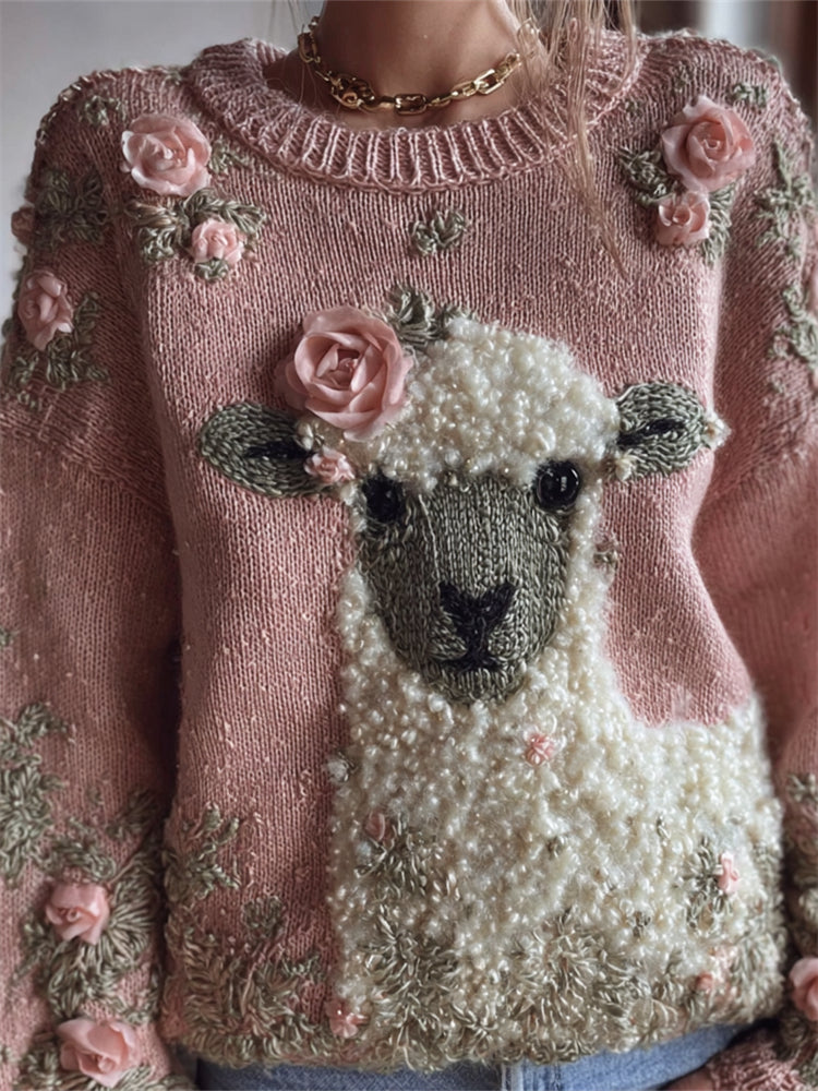 Vintage Sheep Pink Roses Beaded Cozy Knit Sweater elevenforest