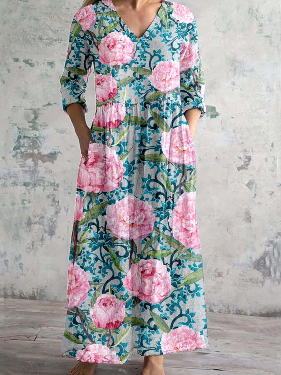 Women's Rose Floral V-Neck Resort Dress