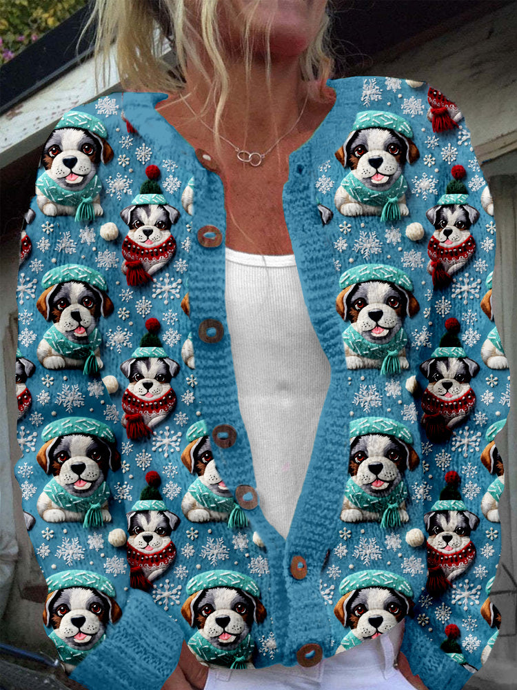 Comstylish Christmas Dog Embroidery Art Cozy Knit Cardigan