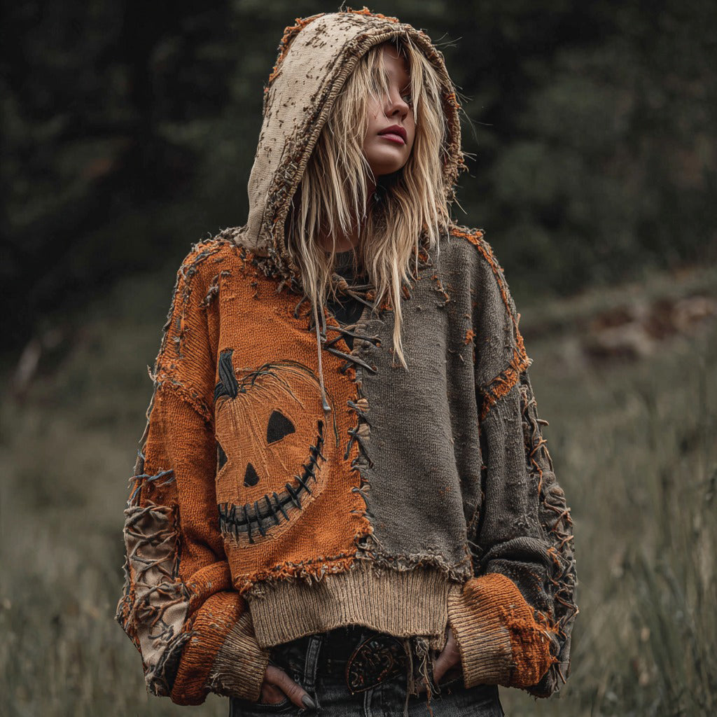 Halloween Pumpkin Face Patchwork Design Cozy Knit Hooded Sweater elevenforest