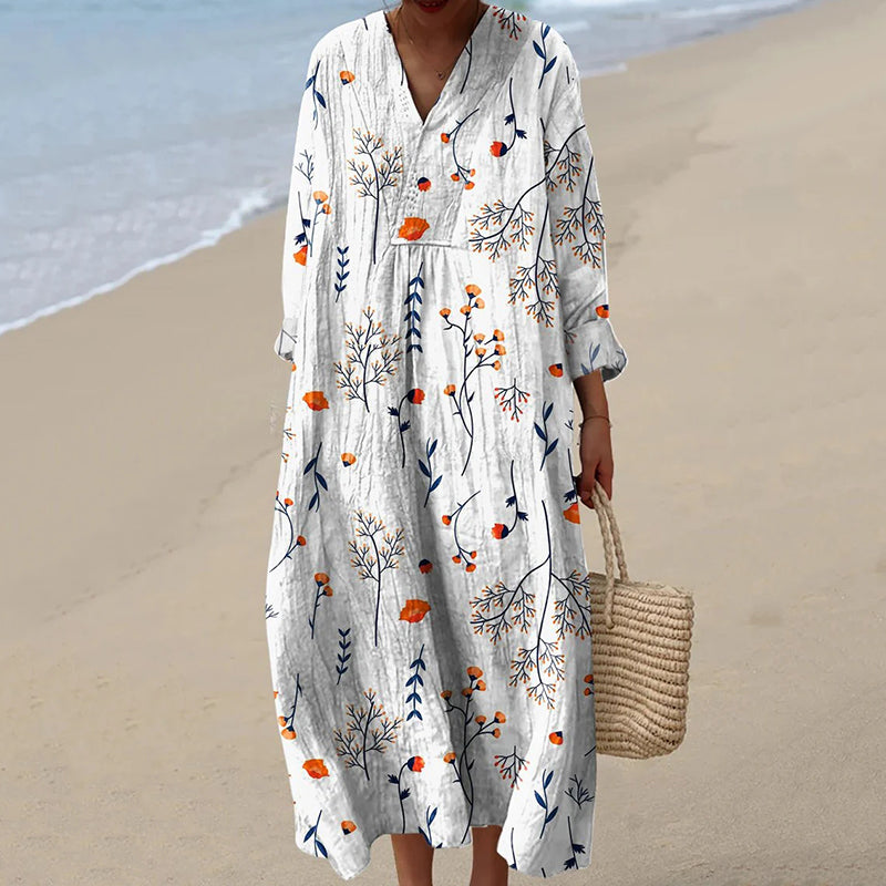 Vintage Floral Art Print V Neck Long Sleeve Midi Dress artswardrobe