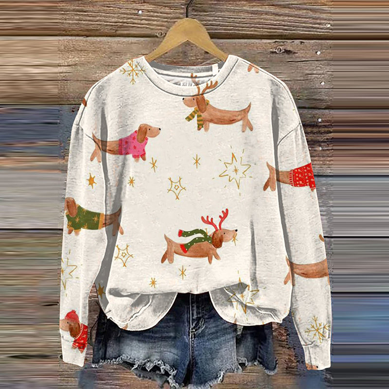 Comstylish Cute Christmas Dachshund Art Print Casual Sweatshirt