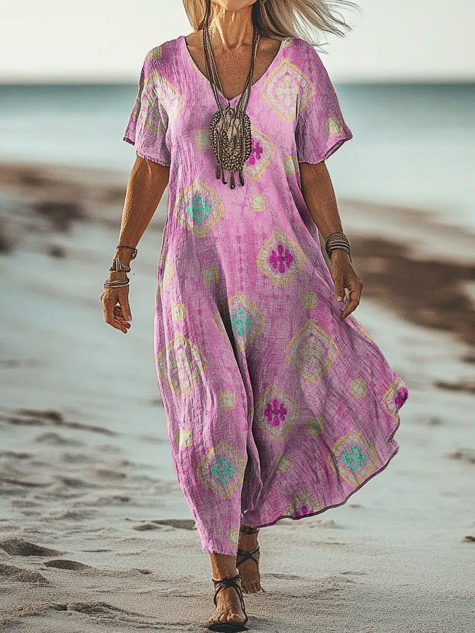 Women's Art Painting Hippie Vintage Print V-Neck Dress