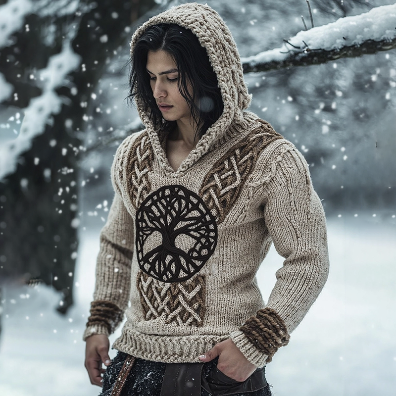 Irish Celtic Tree Of Life Jacquard Cozy Knit Hooded Sweater elevenforest
