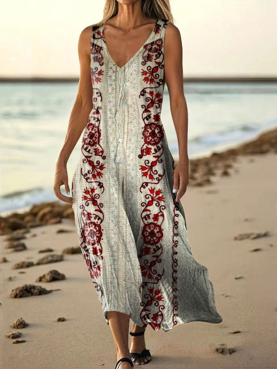 Women's Vintage Bohemian Floral Art Print Pocket Cotton Dress