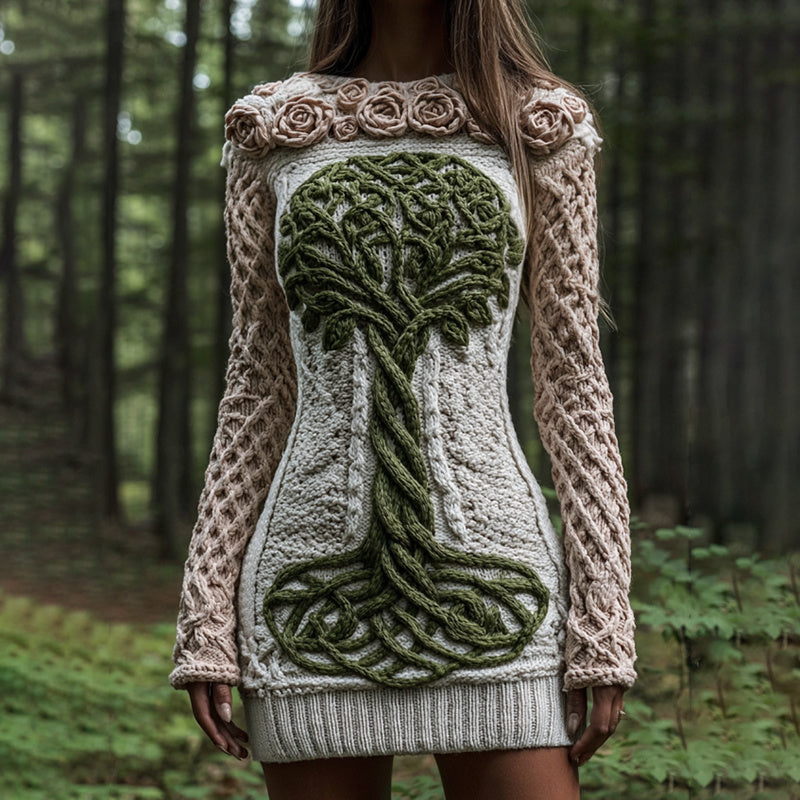 Women's Viking Celtic Tree Of Life With Rose Art Cozy Knit Mini Sweater Dress artswardrobe