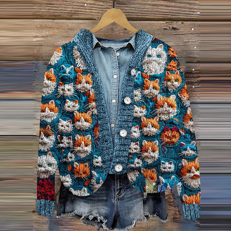 Vintage Cute Cats Art Casual Cardigan Sweater elevenforest