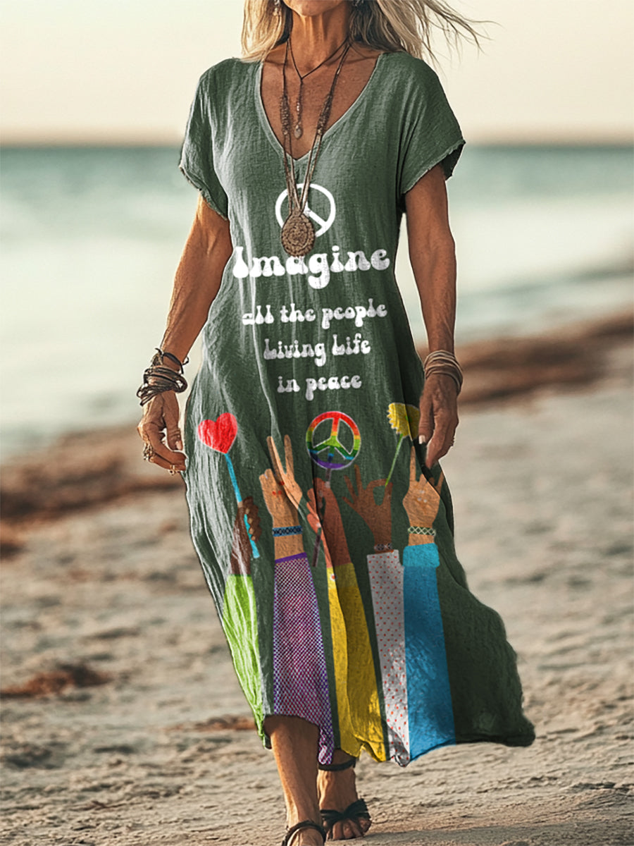 Women's Imagine All The People Living Life in Peace Print Short Sleeve