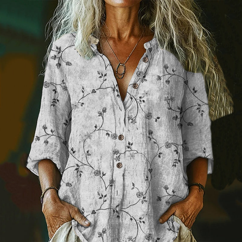 Women's Vintage Floral Art Print Casual Cotton And Linen Shirt artswardrobe