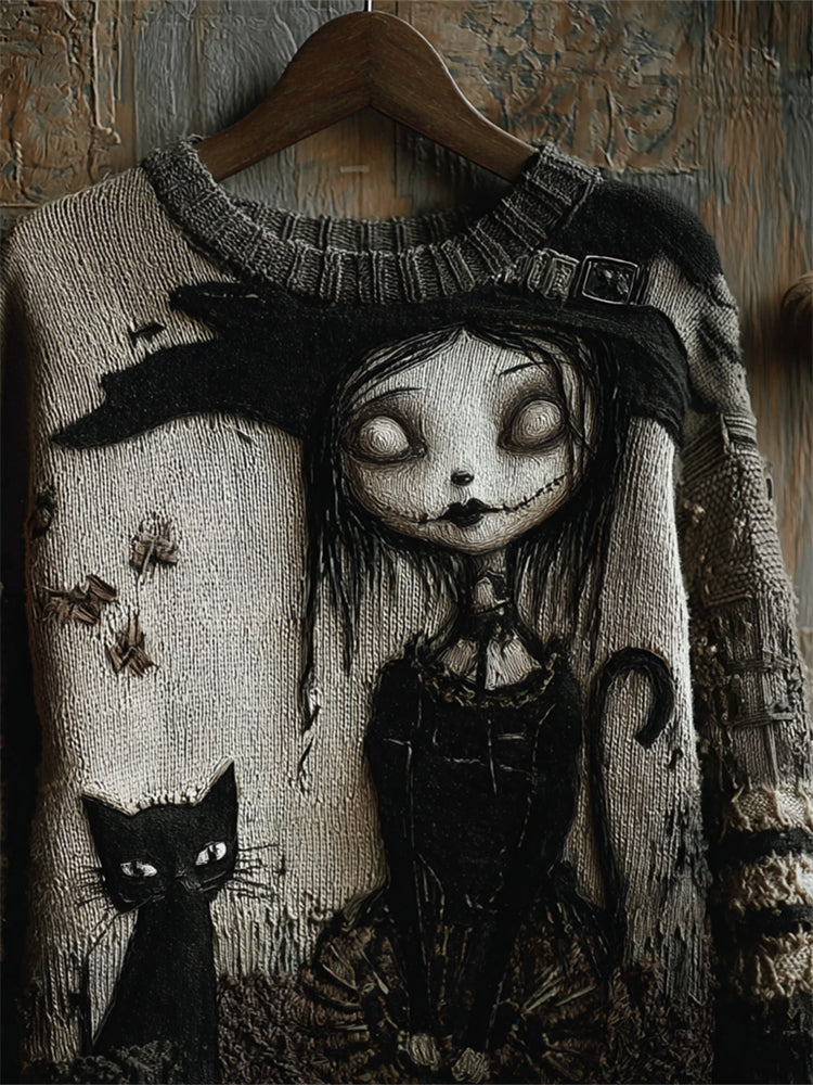Comstylish Halloween Gothic Witch Girl & Black Cat Knit Art Cozy Sweater