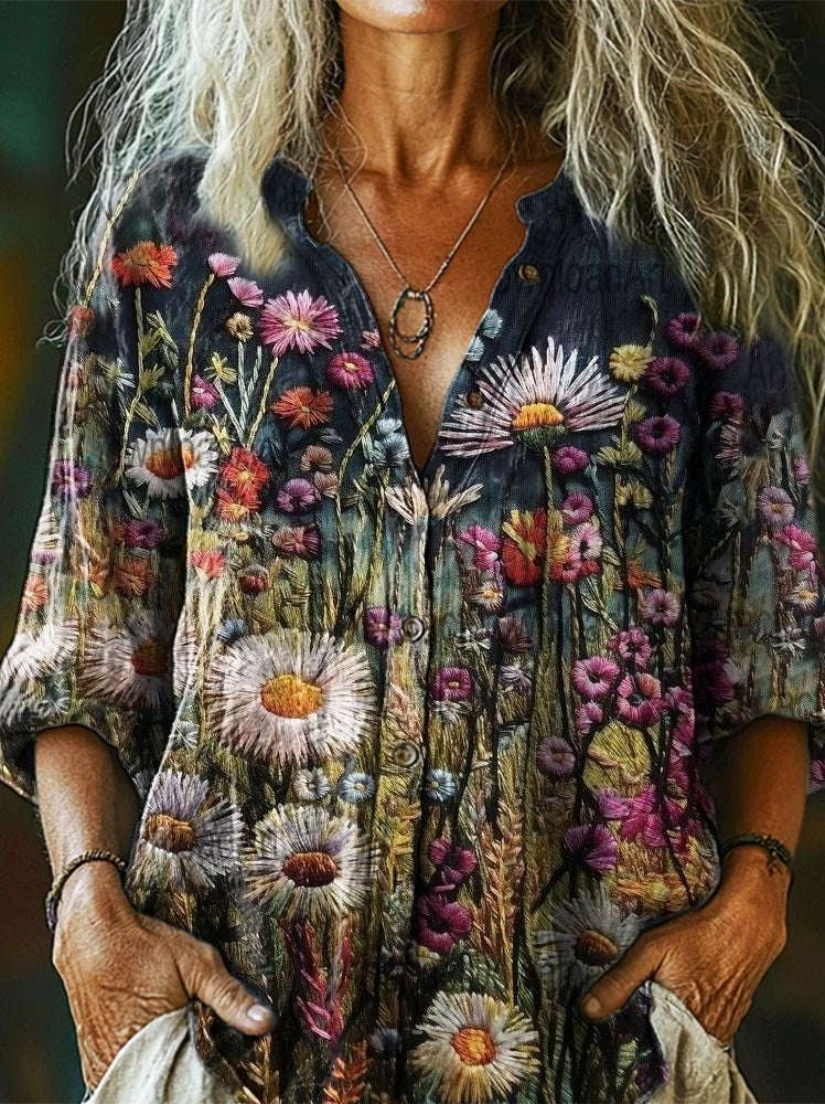 Women's Vintage Ethnic Floral Print Casual Cotton Linen Shirt