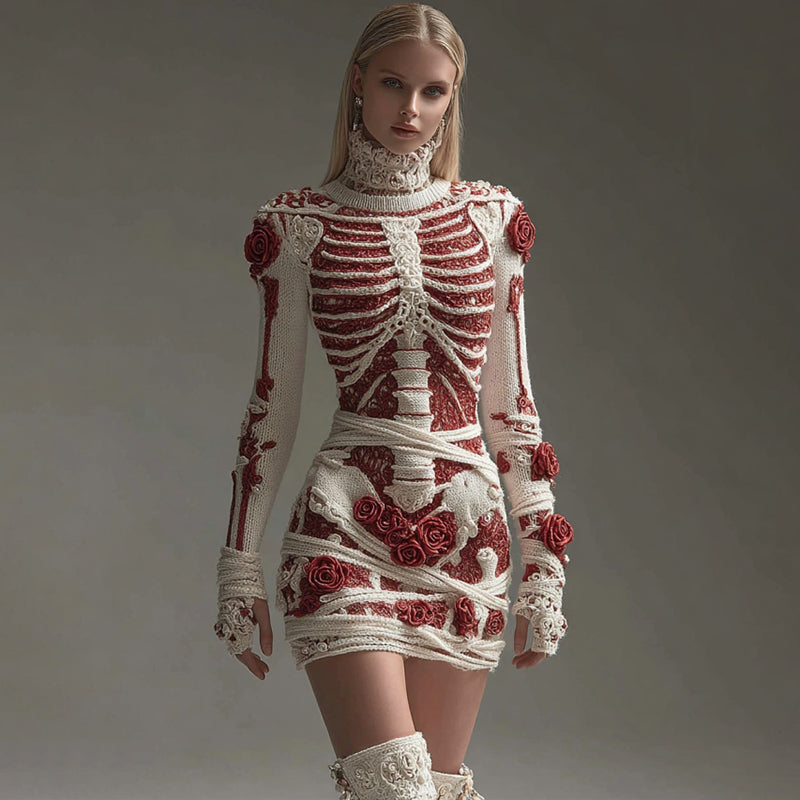 Women's Halloween Skeleton Rose Round Neck Mini Skirt artswardrobe