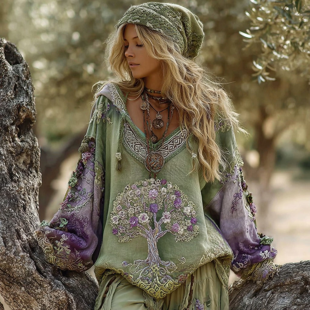 Women's Vintage Viking Tree Of Life Gradient V-neck Hoodie artswardrobe