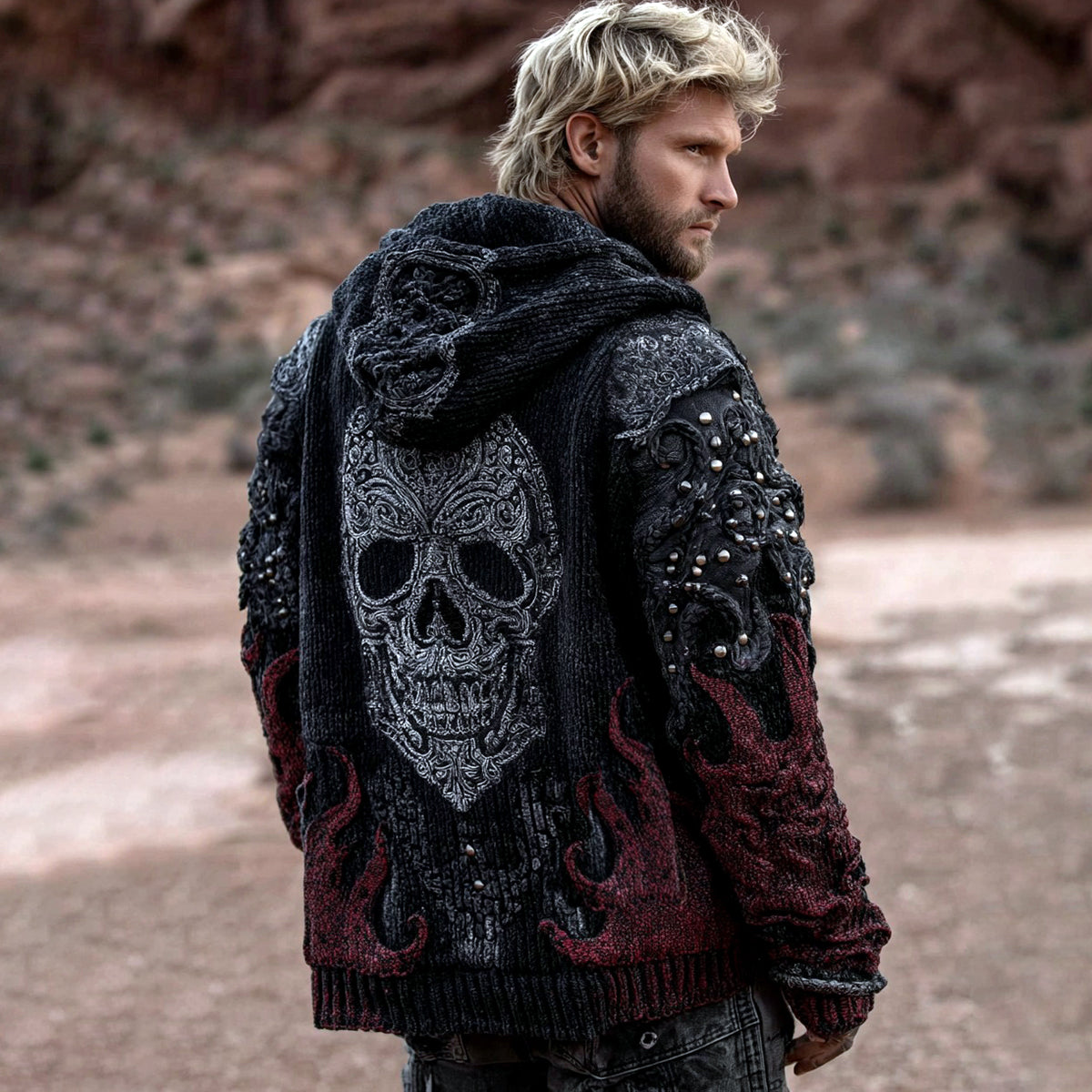 Men's Dark Style Skull And Flame Inspired Knitted Cozy Zipper Up Hooded Cardigan artswardrobe