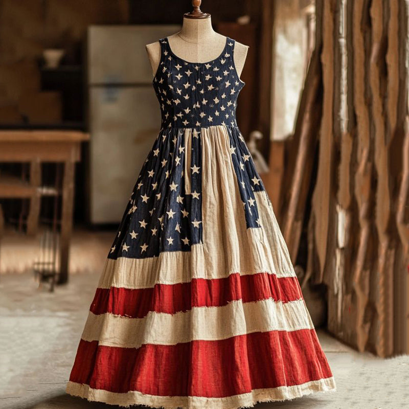 Women's Independence Day Patchwork Sleeveless Casual Maxi Dress artswardrobe