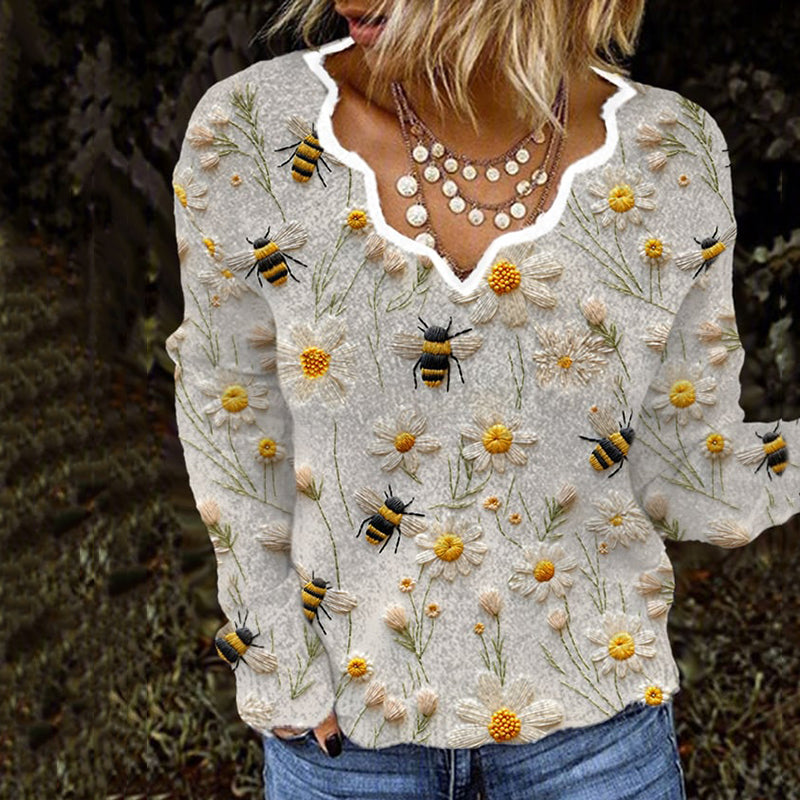 Daisy Bee Embroidery Art Print Knitted Sweater artswardrobe