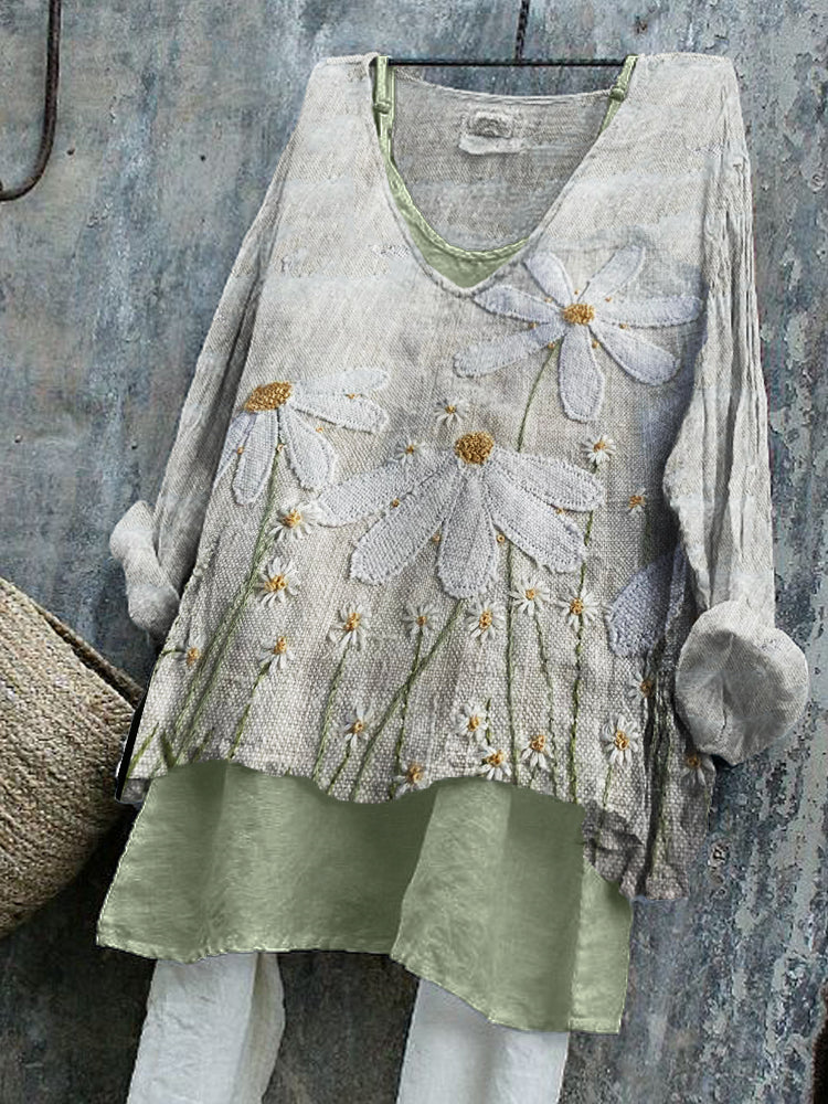 Comstylish Cottage Daisies Floral Fiber Art Linen Tunic