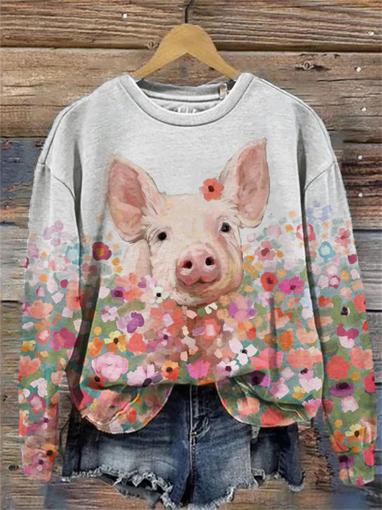 Lovely Pig Floral Painting Comfy Sweatshirt artswardrobe
