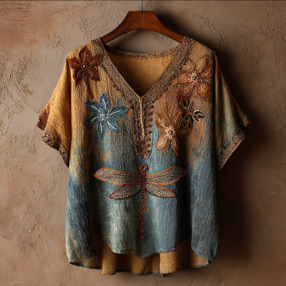 Bohemian Style Plant Dragonfly Embroidery Tie-dye V-neck Short-sleeved Shirt artswardrobe