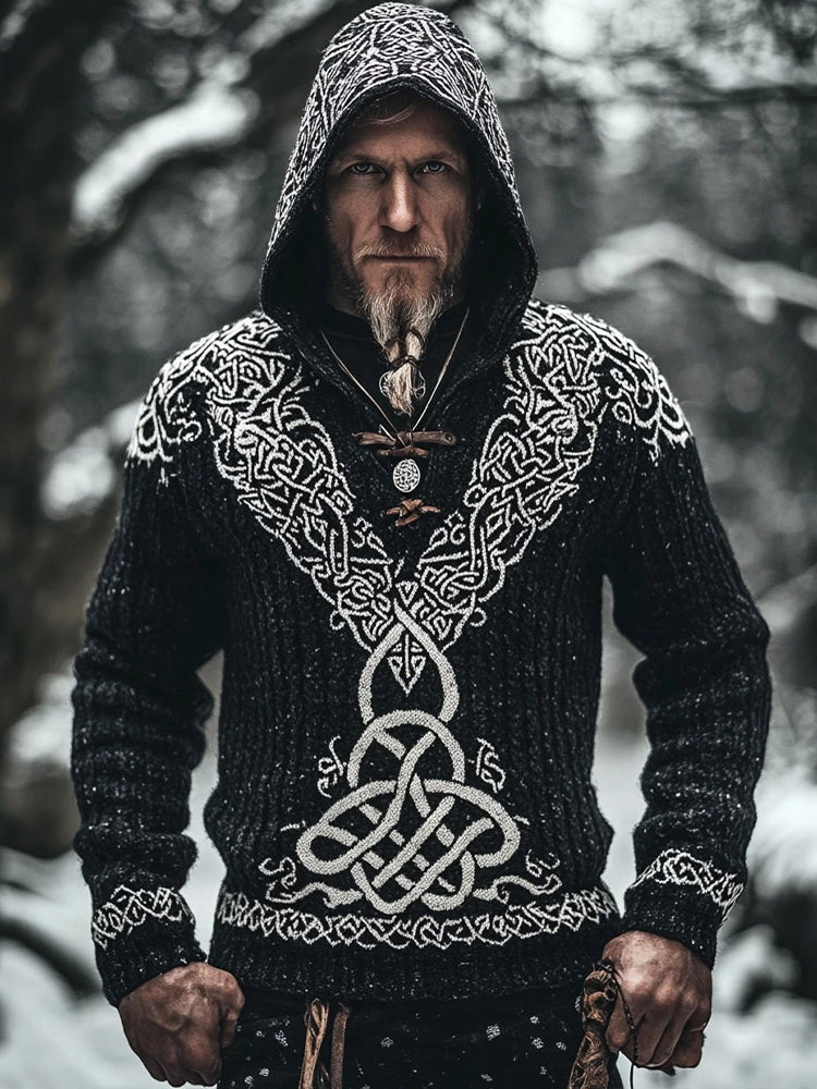 Men's Viking Style Celtic Knot Jacquard Knit Hooded Sweater artswardrobe
