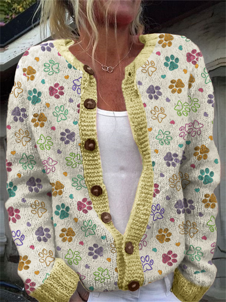 Comstylish Colorful Dog Paw Pattern Cozy Cardigan Sweater