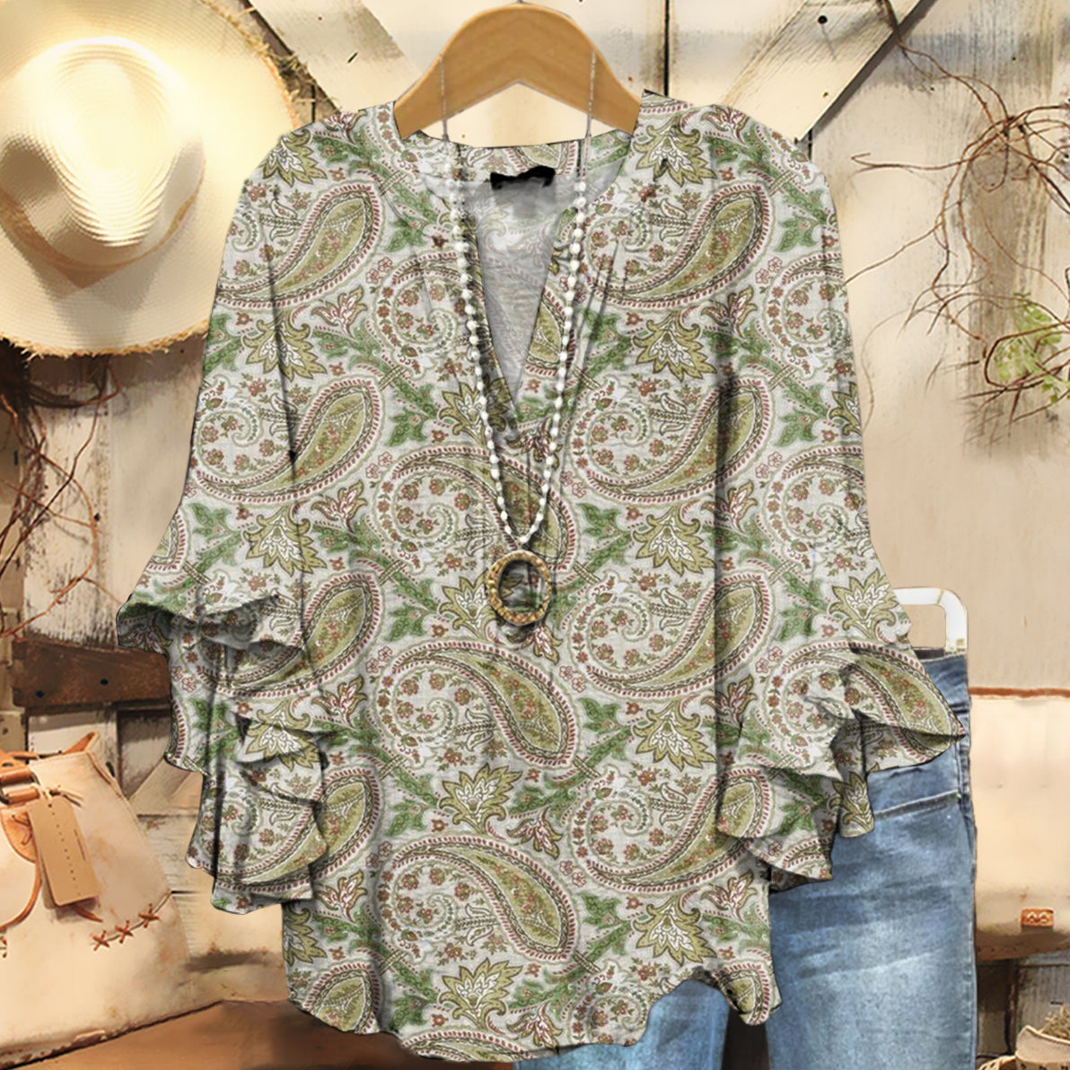 Women's Retro Paisley Floral Art Print Casual Cotton And Linen Shirt