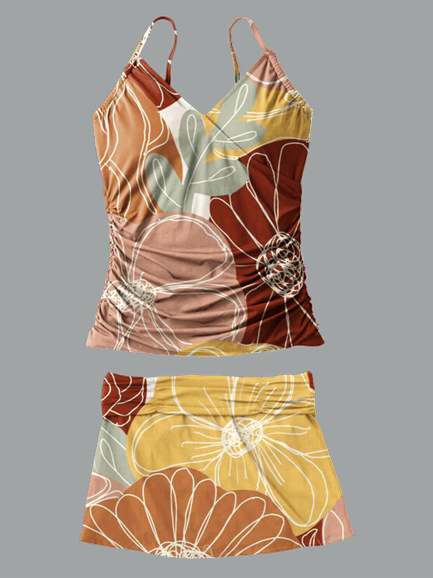 V-Neck Vintage Color Floral Print Suspender Skirt Tankini Pantskirt Set Swimsuit