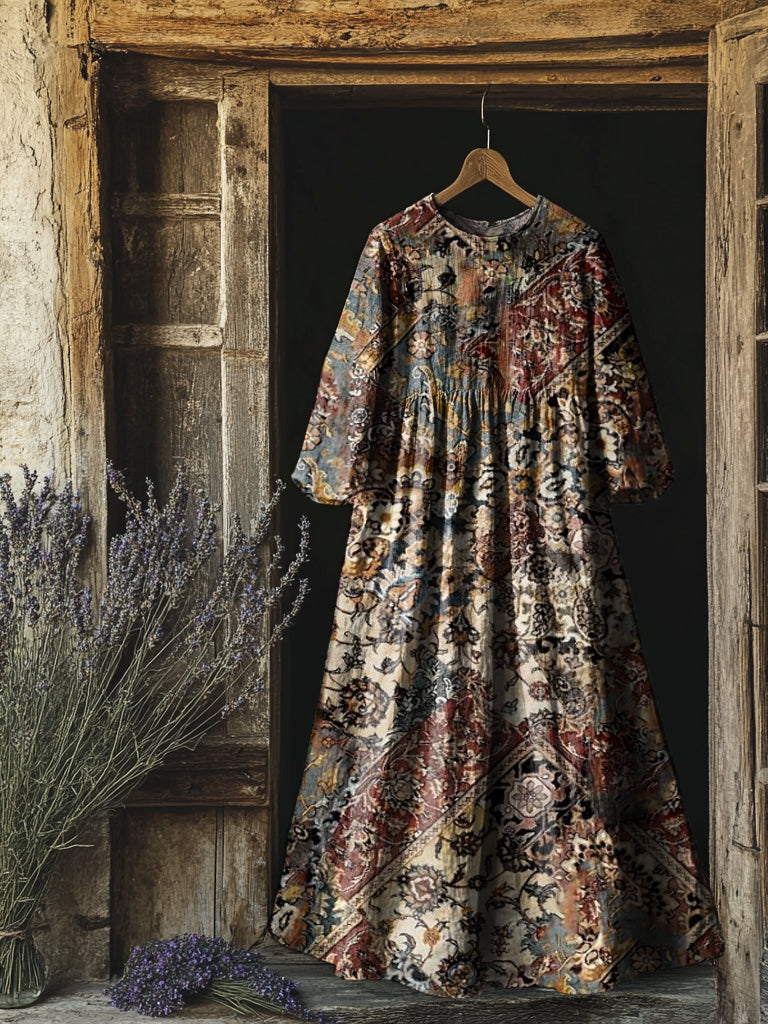 Women's Vintage Ethnic Totem Art Print Flowy Cotton Crew Neck Dress