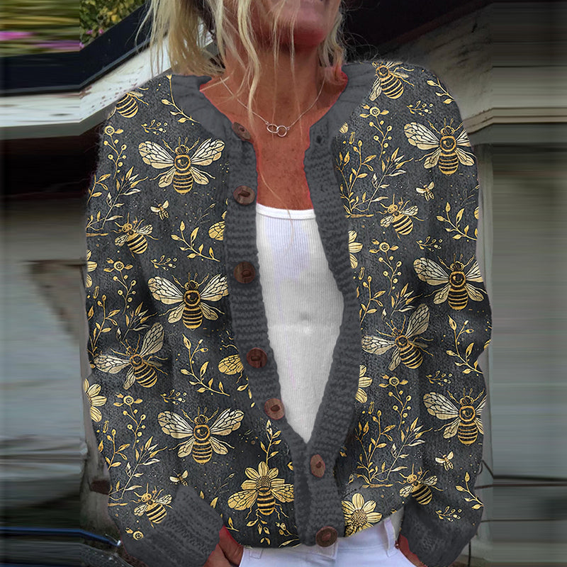 Vintage Bees And Flowers Botanical Art Print Pattern Cozy Hooded Cardigan Sweater artswardrobe