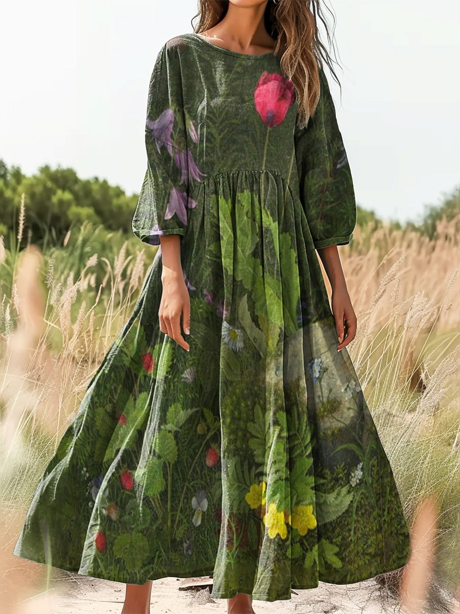 Women's Vintage Floral Art Print Flowy Cotton Crew Neck Dress
