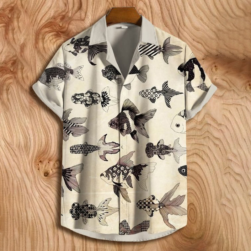 Men's Patterned Goldfish Japanese Art Print Hawaiian Short Sleeve Shirt elevenforest