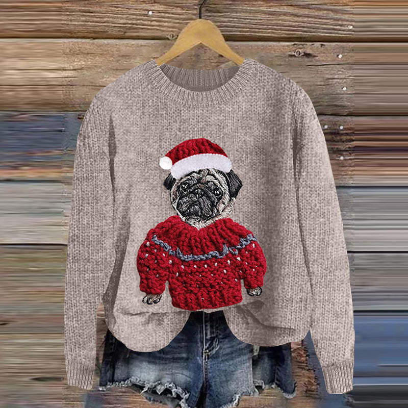Comstylish Women's Christmas Pug Applique Art Cozy Sweater